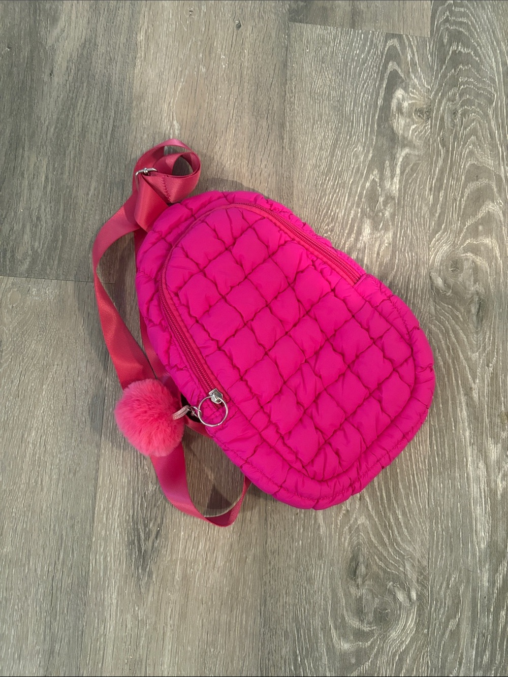 Quilted Hot Pink Crossbody Bag with Pom Pom Accent
